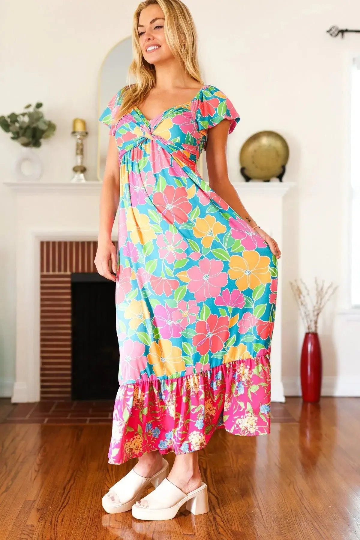 Vacay Vibes Blue Floral Print Sweetheart Twisted Neckline Maxi Dress-Evelyns Fashion