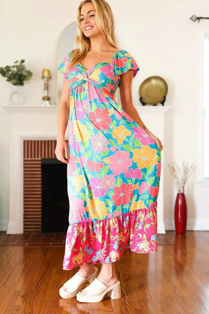 Vacay Vibes Blue Floral Print Sweetheart Twisted Neckline Maxi Dress-Evelyns Fashion
