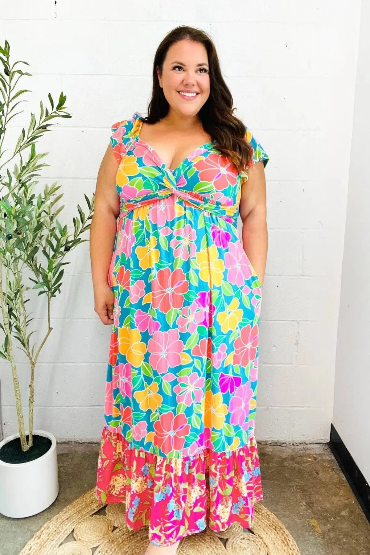 Vacay Vibes Blue Floral Print Sweetheart Twisted Neckline Maxi Dress-Evelyns Fashion
