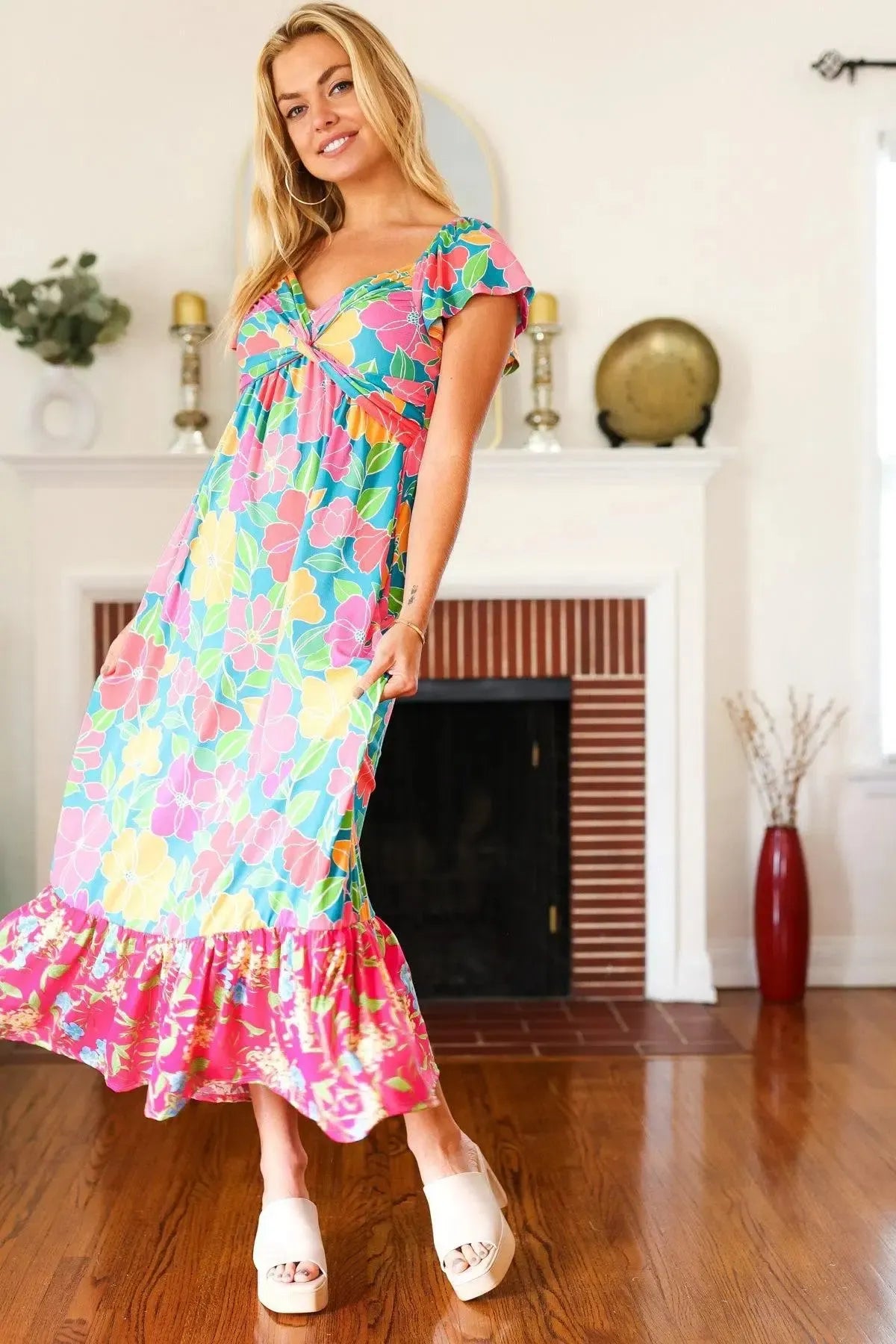 Vacay Vibes Blue Floral Print Sweetheart Twisted Neckline Maxi Dress-Evelyns Fashion