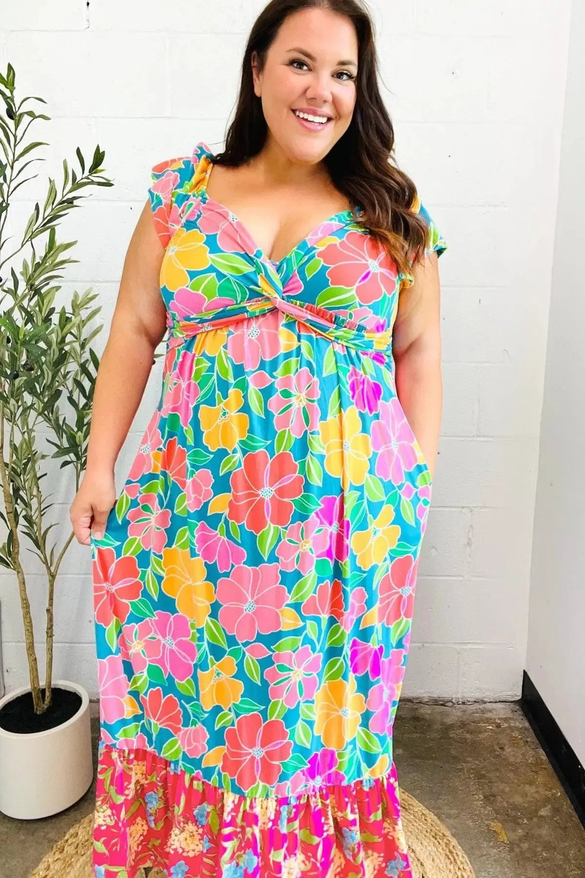 Vacay Vibes Blue Floral Print Sweetheart Twisted Neckline Maxi Dress-Evelyns Fashion