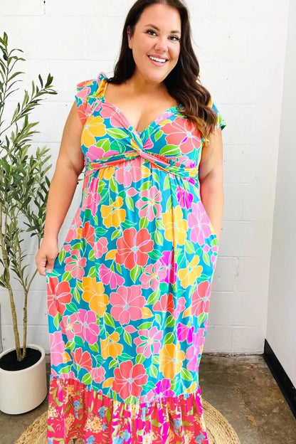 Vacay Vibes Blue Floral Print Sweetheart Twisted Neckline Maxi Dress-Evelyns Fashion