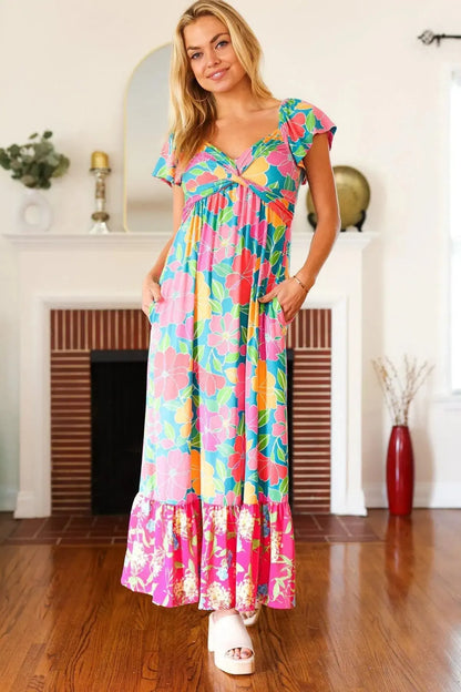 Vacay Vibes Blue Floral Print Sweetheart Twisted Neckline Maxi Dress-Evelyns Fashion