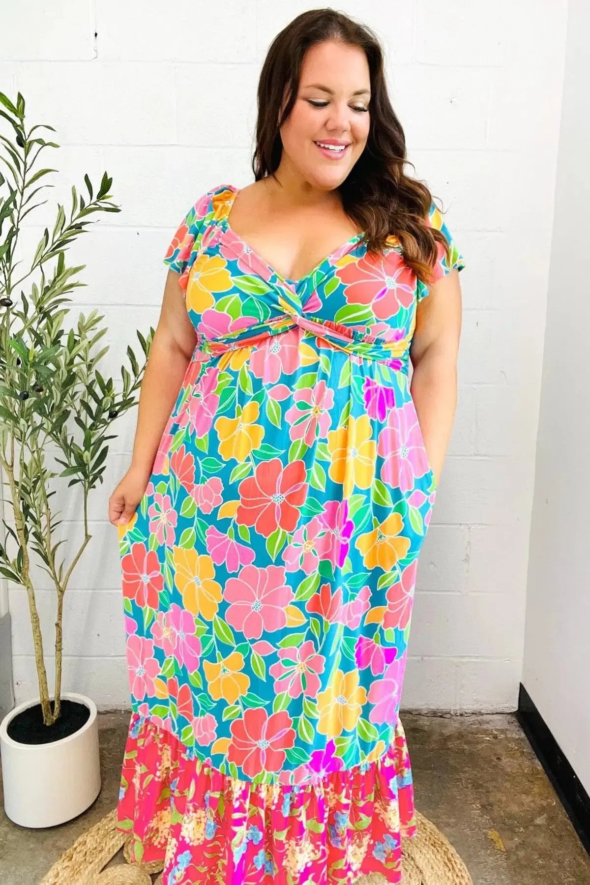 Vacay Vibes Blue Floral Print Sweetheart Twisted Neckline Maxi Dress-Evelyns Fashion