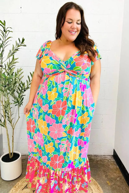 Vacay Vibes Blue Floral Print Sweetheart Twisted Neckline Maxi Dress-Evelyns Fashion