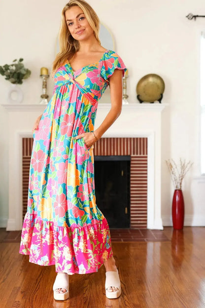 Vacay Vibes Blue Floral Print Sweetheart Twisted Neckline Maxi Dress-Evelyns Fashion