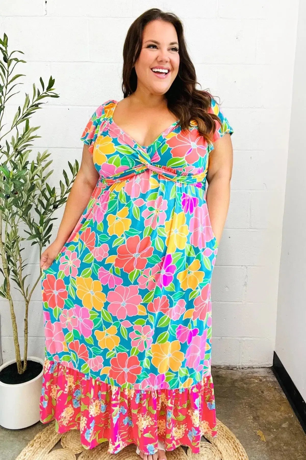Vacay Vibes Blue Floral Print Sweetheart Twisted Neckline Maxi Dress-Evelyns Fashion