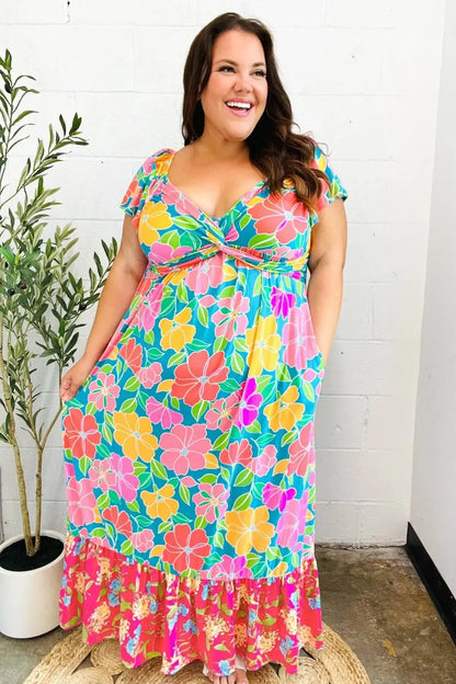 Vacay Vibes Blue Floral Print Sweetheart Twisted Neckline Maxi Dress-Evelyns Fashion