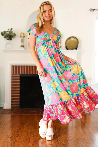 Vacay Vibes Blue Floral Print Sweetheart Twisted Neckline Maxi Dress-Evelyns Fashion