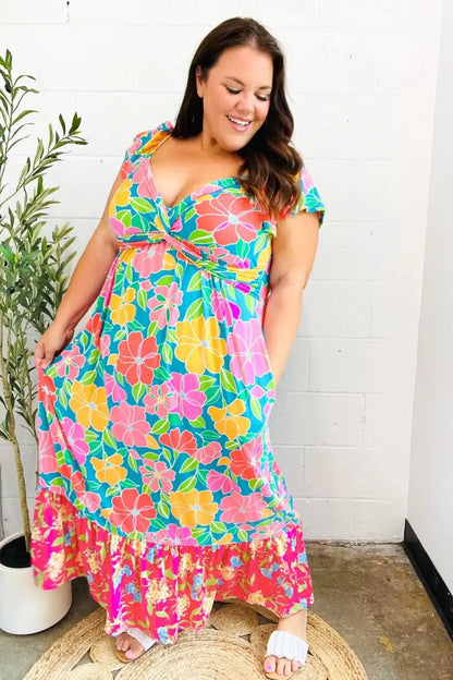 Vacay Vibes Blue Floral Print Sweetheart Twisted Neckline Maxi Dress-Evelyns Fashion