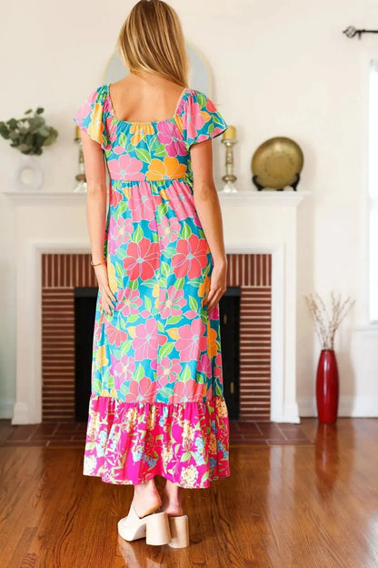 Vacay Vibes Blue Floral Print Sweetheart Twisted Neckline Maxi Dress-Evelyns Fashion