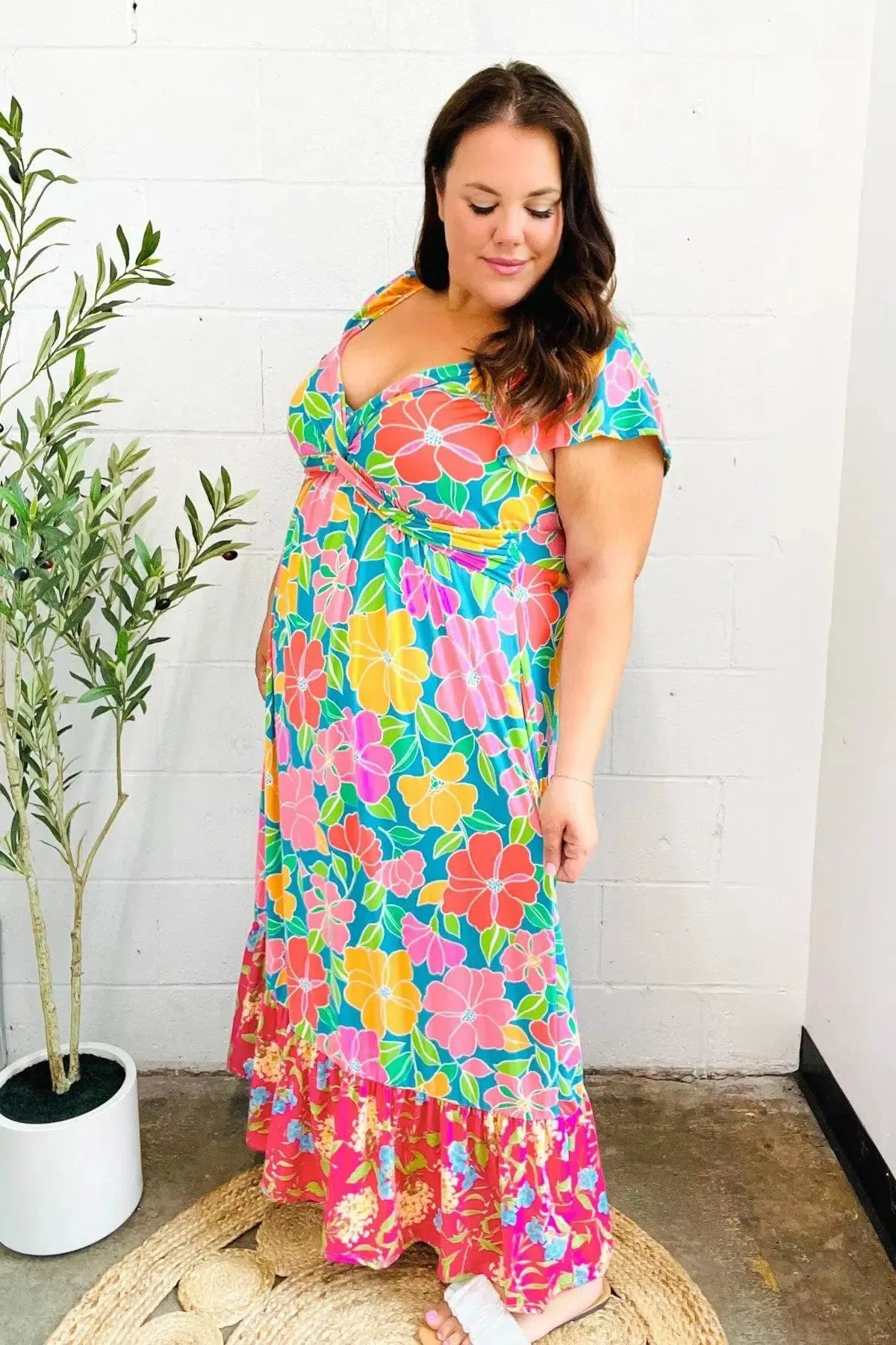 Vacay Vibes Blue Floral Print Sweetheart Twisted Neckline Maxi Dress-Evelyns Fashion