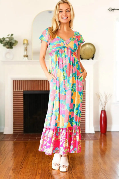 Vacay Vibes Blue Floral Print Sweetheart Twisted Neckline Maxi Dress-Evelyns Fashion
