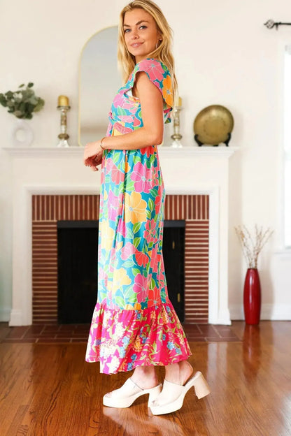 Vacay Vibes Blue Floral Print Sweetheart Twisted Neckline Maxi Dress-Evelyns Fashion