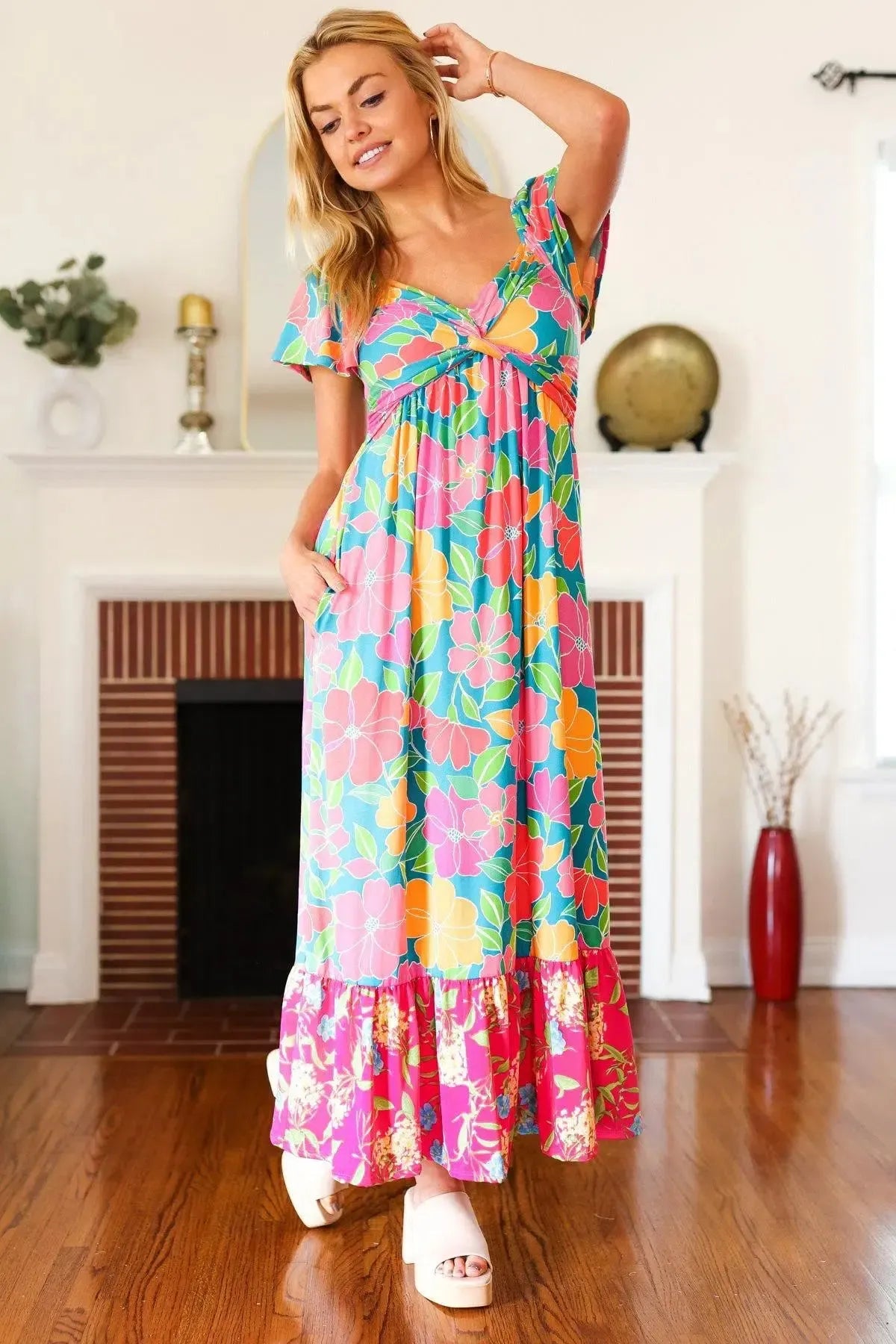 Vacay Vibes Blue Floral Print Sweetheart Twisted Neckline Maxi Dress-Evelyns Fashion