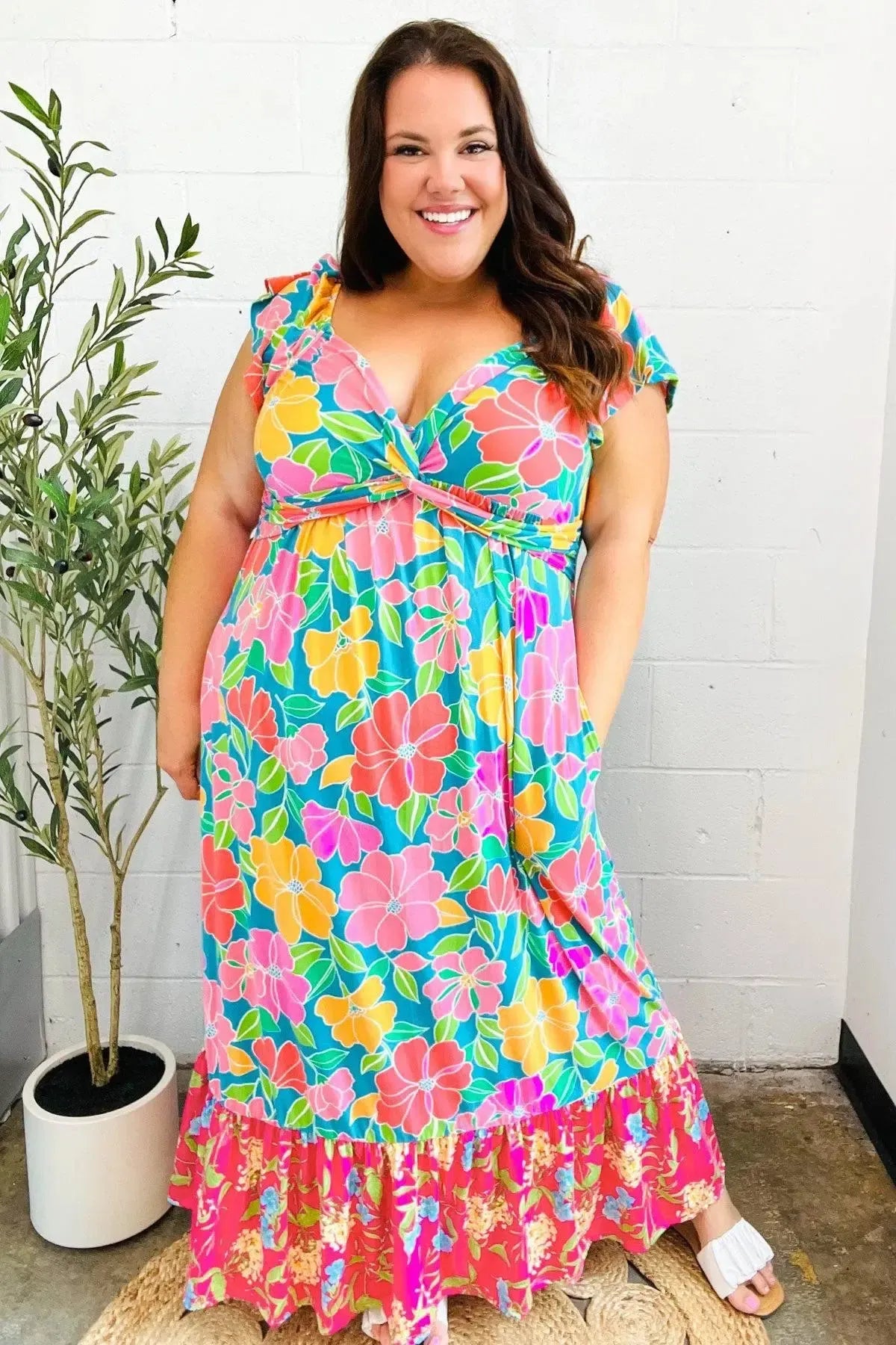 Vacay Vibes Blue Floral Print Sweetheart Twisted Neckline Maxi Dress-Evelyns Fashion