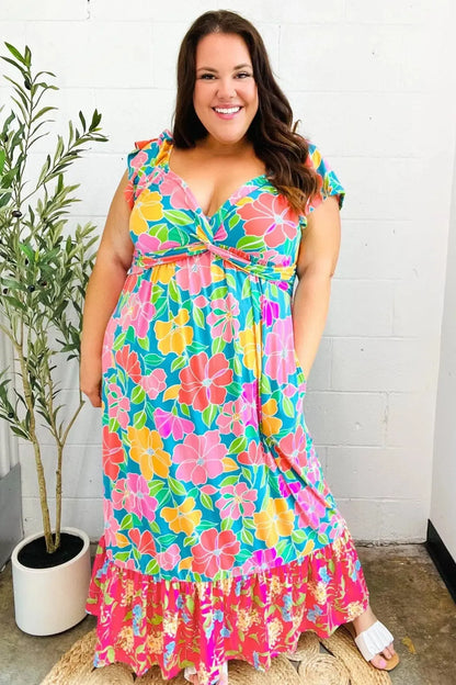 Vacay Vibes Blue Floral Print Sweetheart Twisted Neckline Maxi Dress-Evelyns Fashion