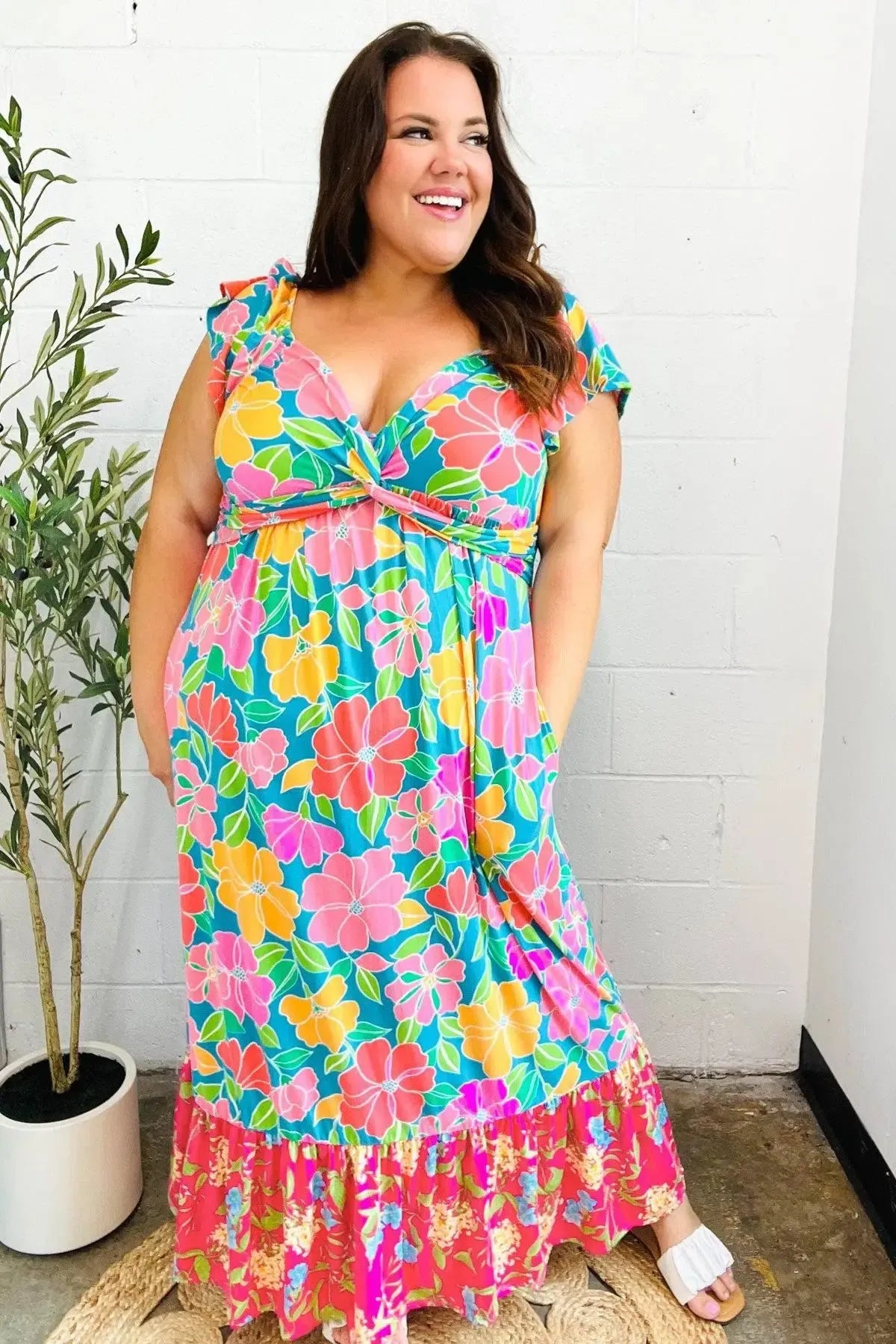 Vacay Vibes Blue Floral Print Sweetheart Twisted Neckline Maxi Dress-Evelyns Fashion