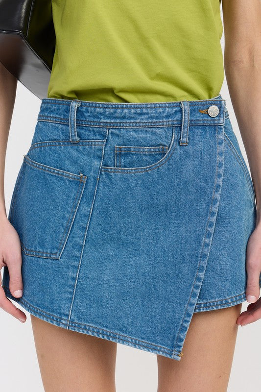WRAPPED ASYMMETRICAL DENIM SKIRT-Mini Skirts-Evelyns Fashion