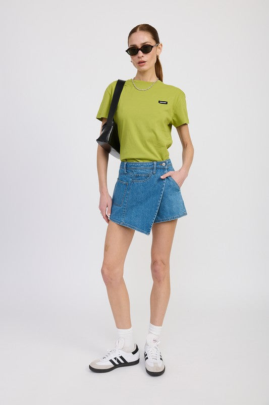 WRAPPED ASYMMETRICAL DENIM SKIRT-Mini Skirts-Evelyns Fashion