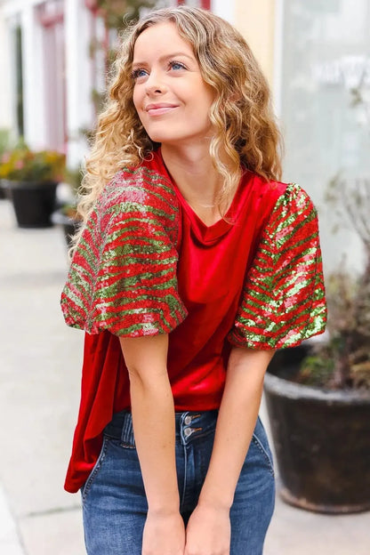 Warmest Wishes Red & Green Sequin Puff Sleeve Velvet Top-Evelyns Fashion