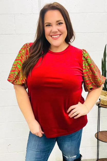 Warmest Wishes Red & Green Sequin Puff Sleeve Velvet Top-Evelyns Fashion
