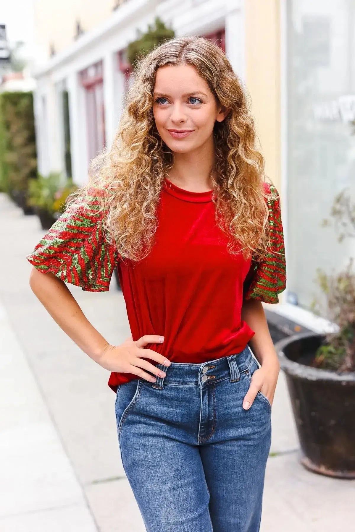 Warmest Wishes Red & Green Sequin Puff Sleeve Velvet Top-Evelyns Fashion