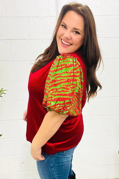 Warmest Wishes Red & Green Sequin Puff Sleeve Velvet Top-Evelyns Fashion