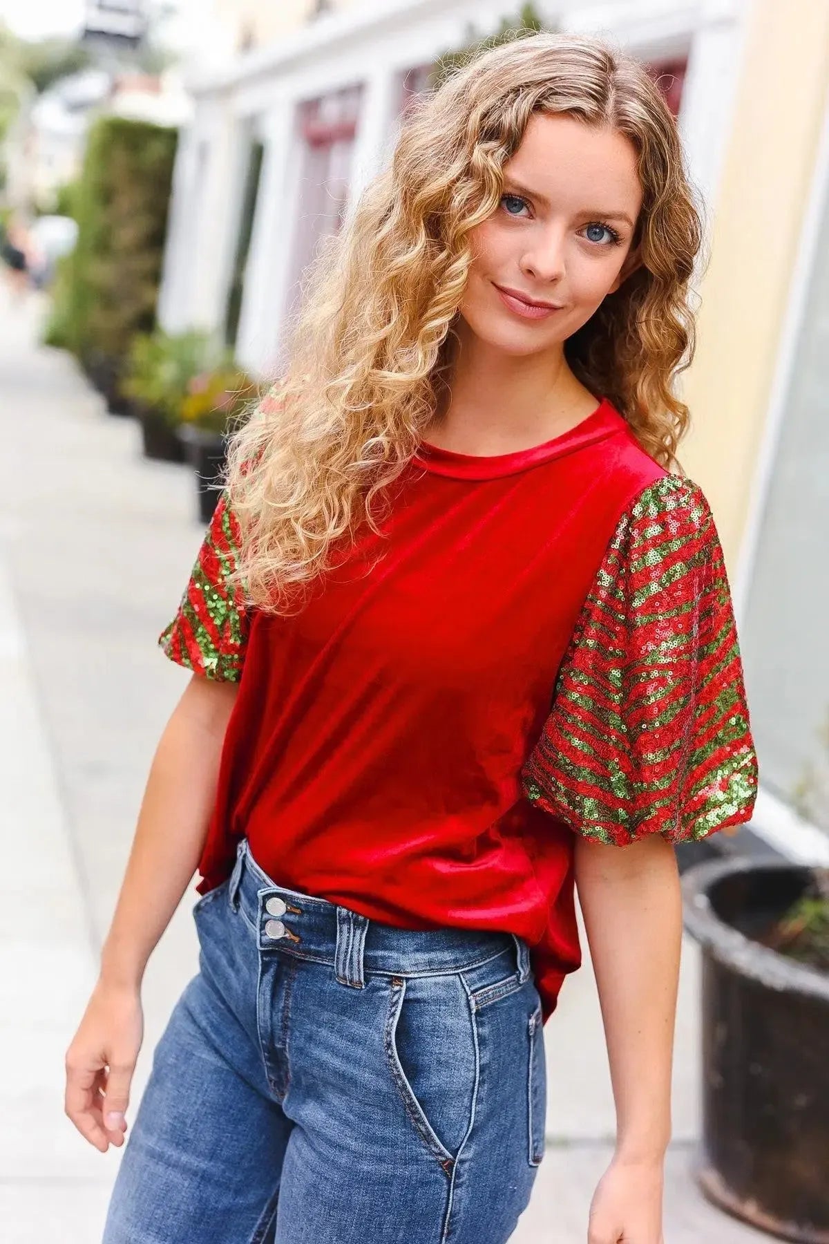 Warmest Wishes Red & Green Sequin Puff Sleeve Velvet Top-Evelyns Fashion