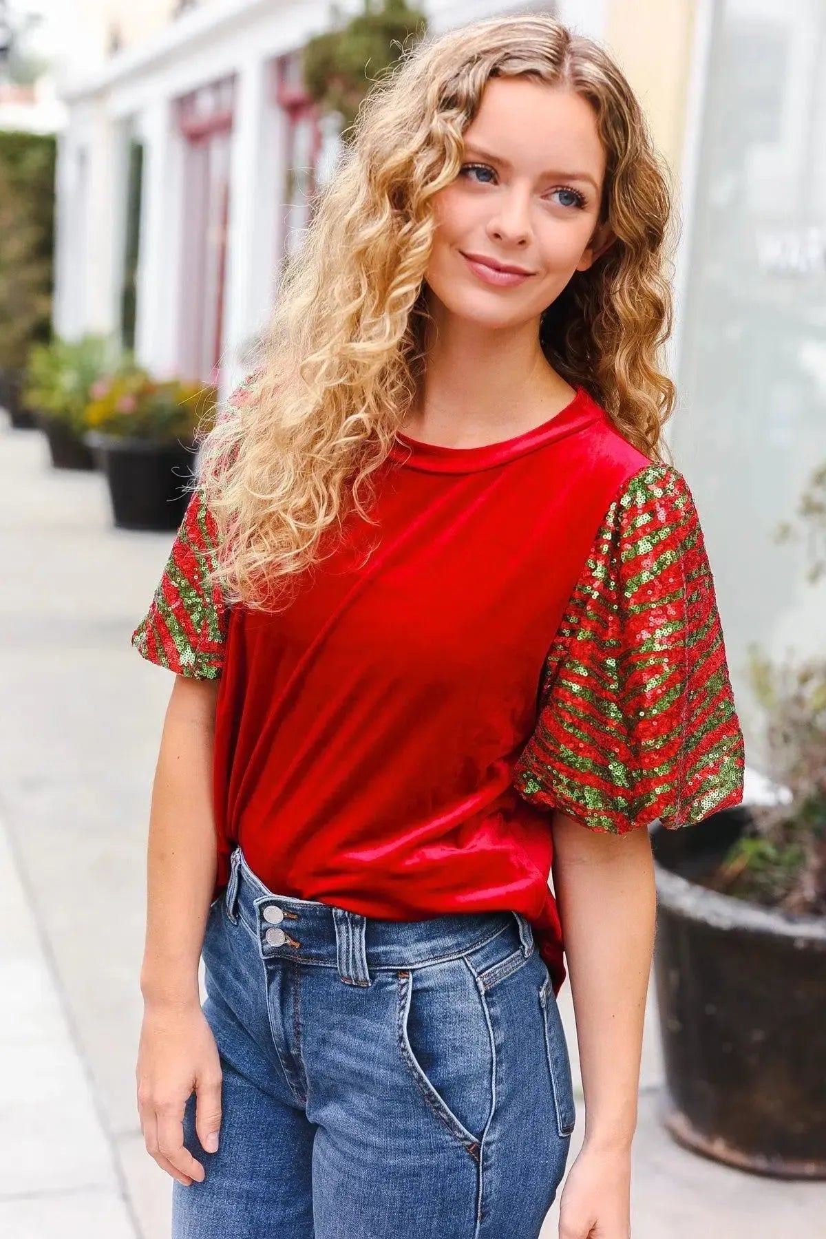 Warmest Wishes Red & Green Sequin Puff Sleeve Velvet Top-Evelyns Fashion
