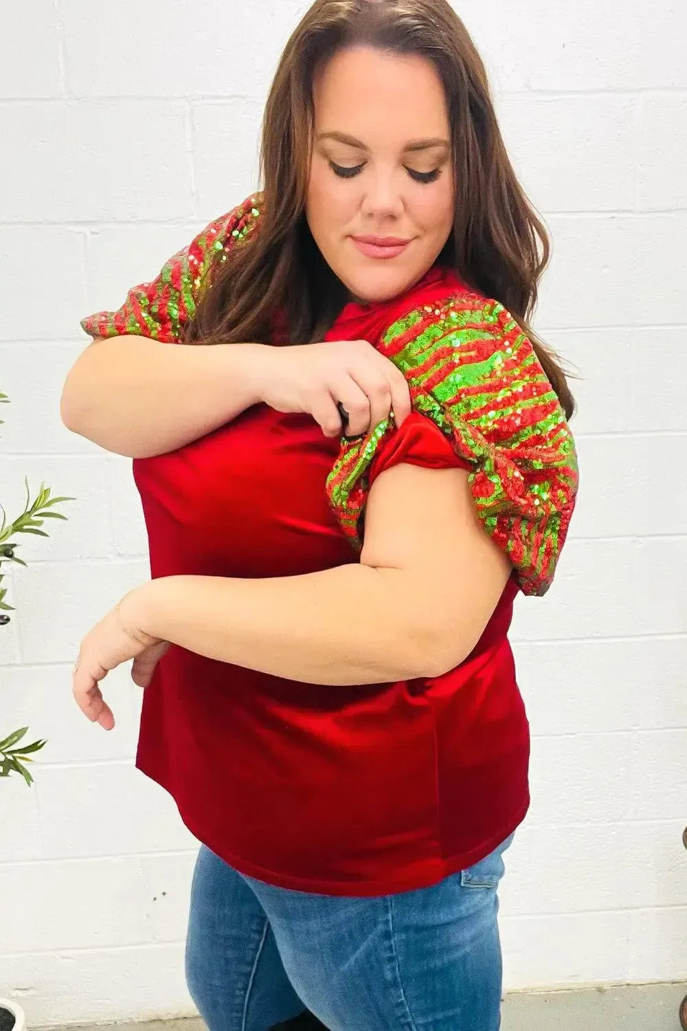 Warmest Wishes Red & Green Sequin Puff Sleeve Velvet Top-Evelyns Fashion