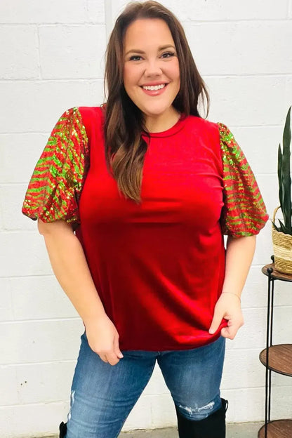 Warmest Wishes Red & Green Sequin Puff Sleeve Velvet Top-Evelyns Fashion