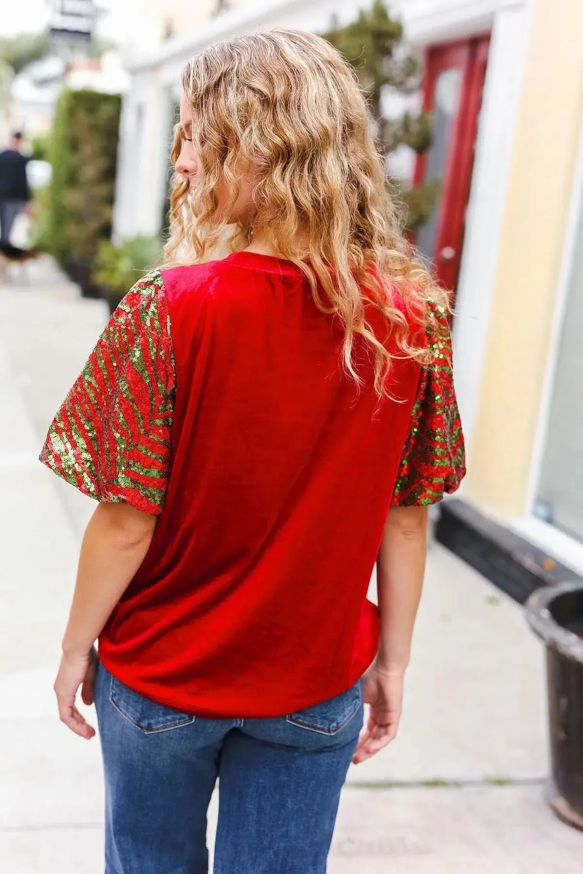 Warmest Wishes Red & Green Sequin Puff Sleeve Velvet Top-Evelyns Fashion