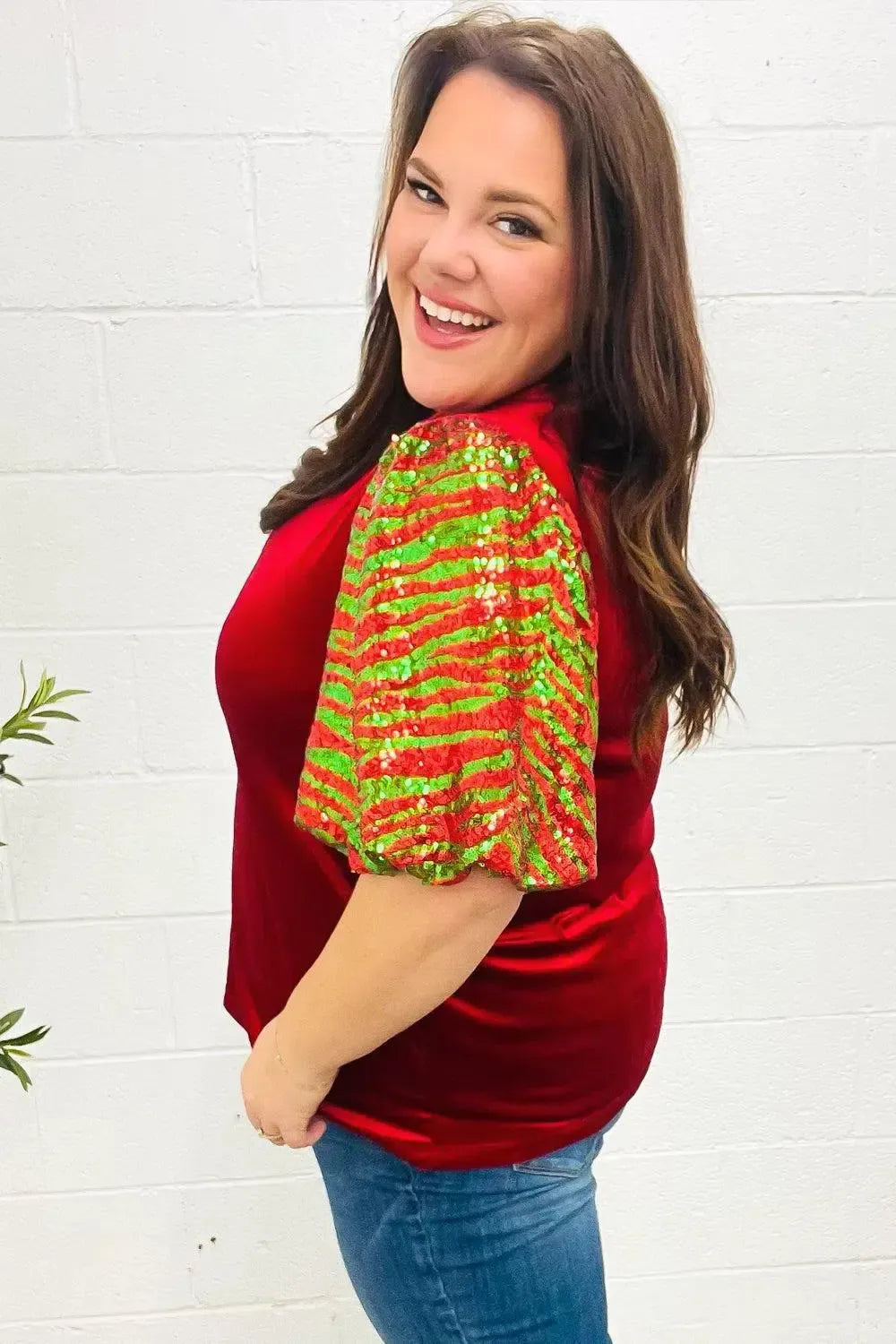 Warmest Wishes Red & Green Sequin Puff Sleeve Velvet Top-Evelyns Fashion