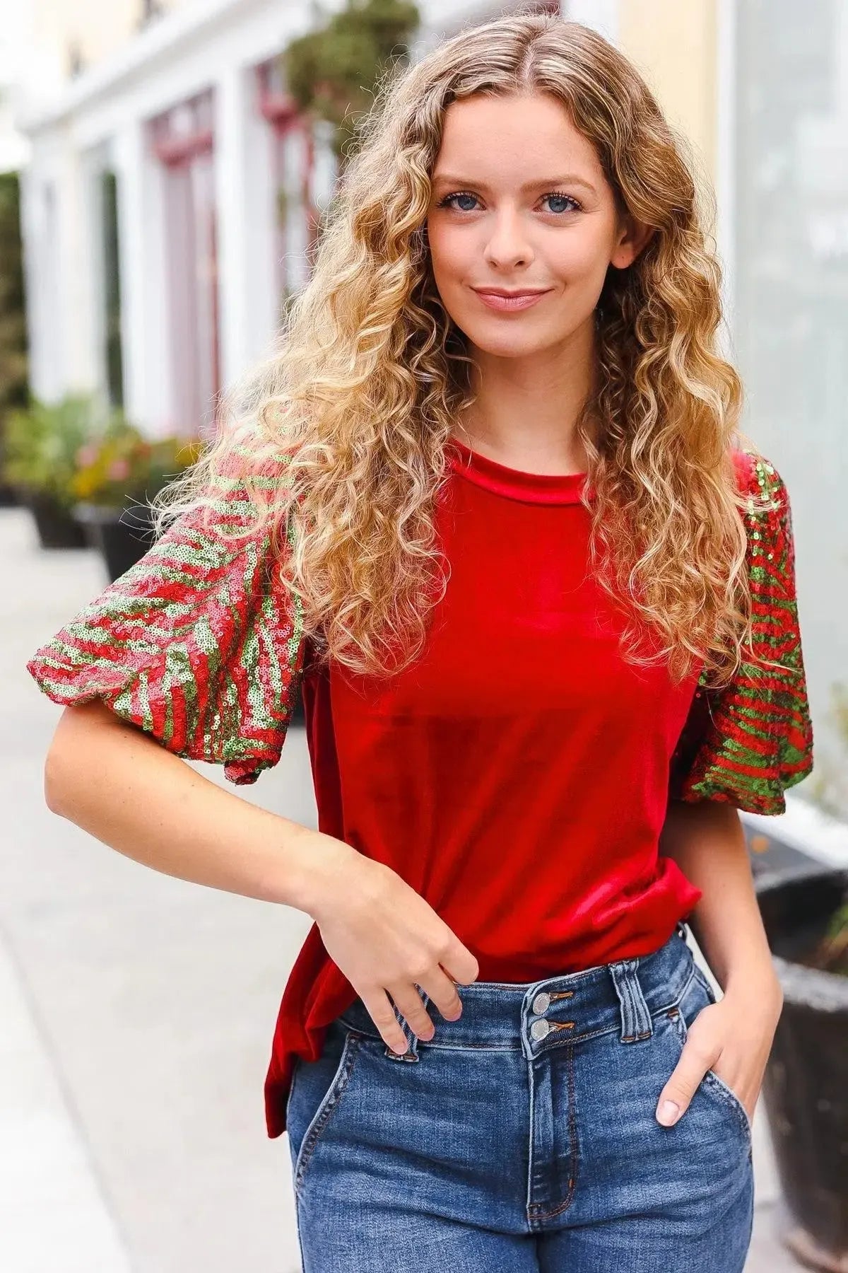 Warmest Wishes Red & Green Sequin Puff Sleeve Velvet Top-Evelyns Fashion