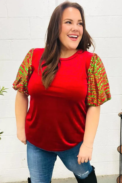 Warmest Wishes Red & Green Sequin Puff Sleeve Velvet Top-Evelyns Fashion