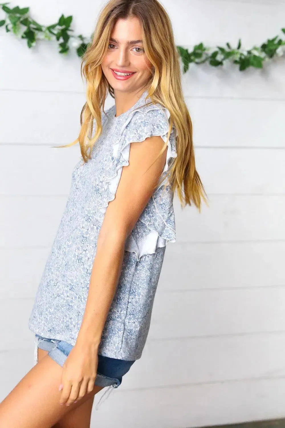 Washed Blue Floral Tiered Flutter Sleeve Top-Evelyns Fashion