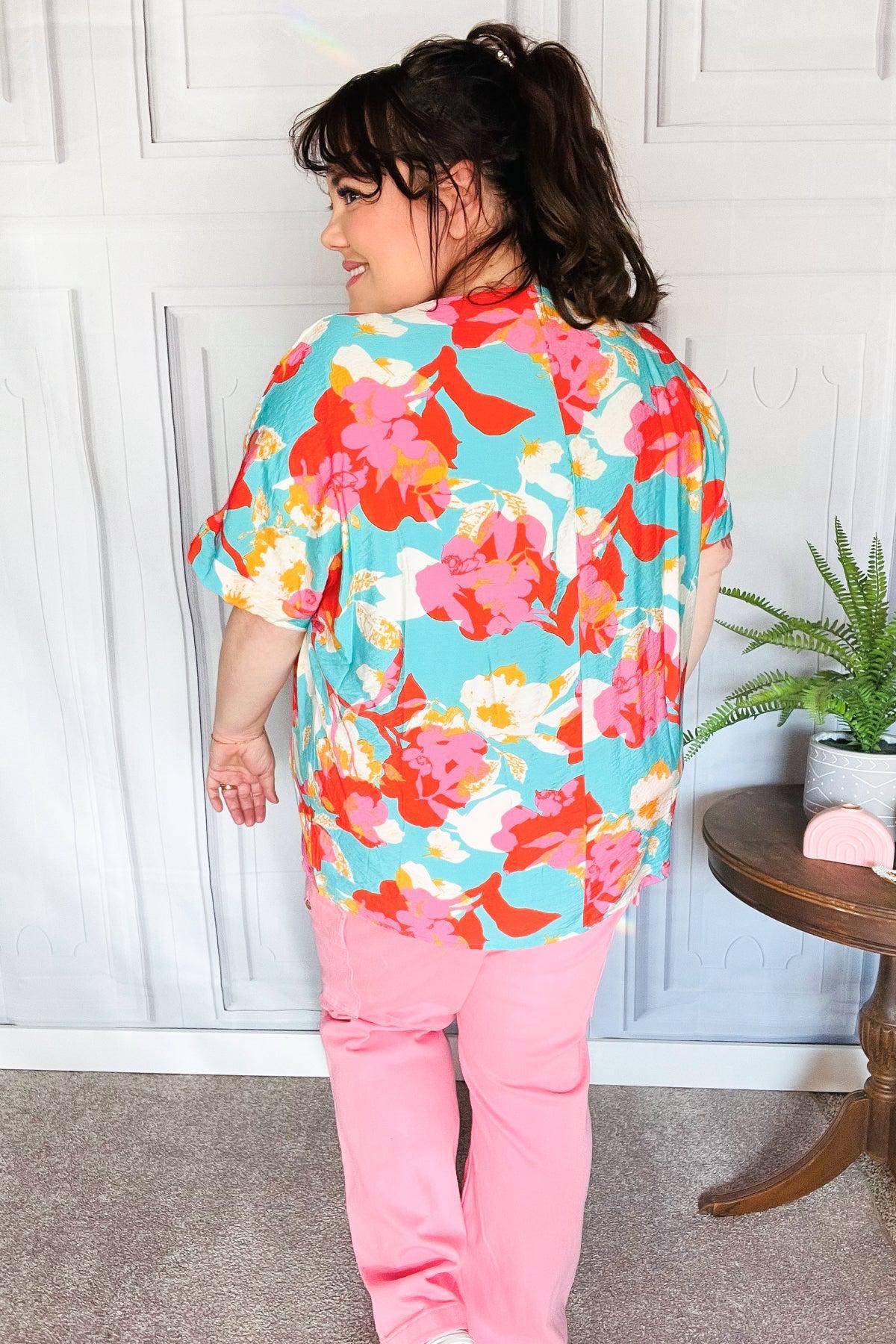 Weekend Ready Aqua & Coral Floral V Neck Woven Top-Evelyns Fashion