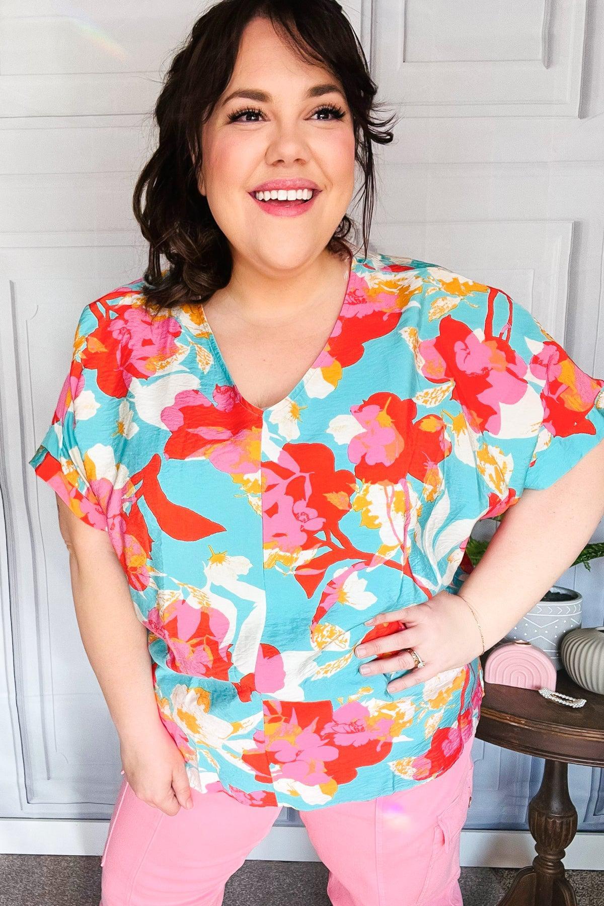 Weekend Ready Aqua & Coral Floral V Neck Woven Top-Evelyns Fashion