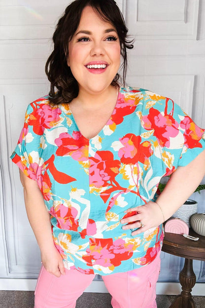 Weekend Ready Aqua & Coral Floral V Neck Woven Top-Evelyns Fashion
