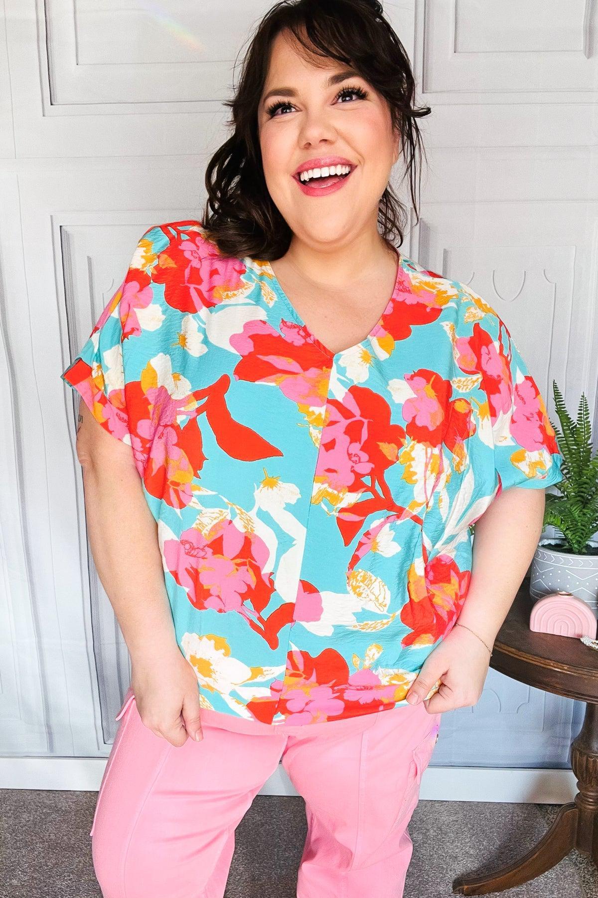 Weekend Ready Aqua & Coral Floral V Neck Woven Top-Evelyns Fashion