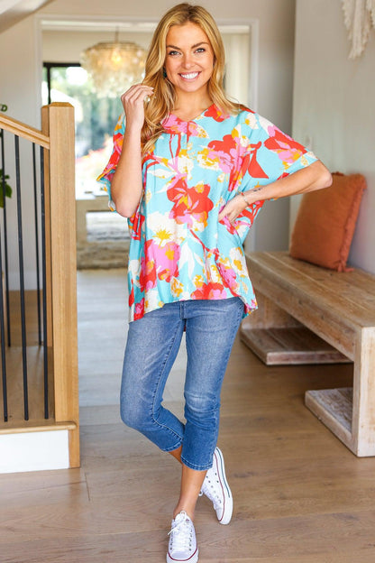 Weekend Ready Aqua & Coral Floral V Neck Woven Top-Evelyns Fashion