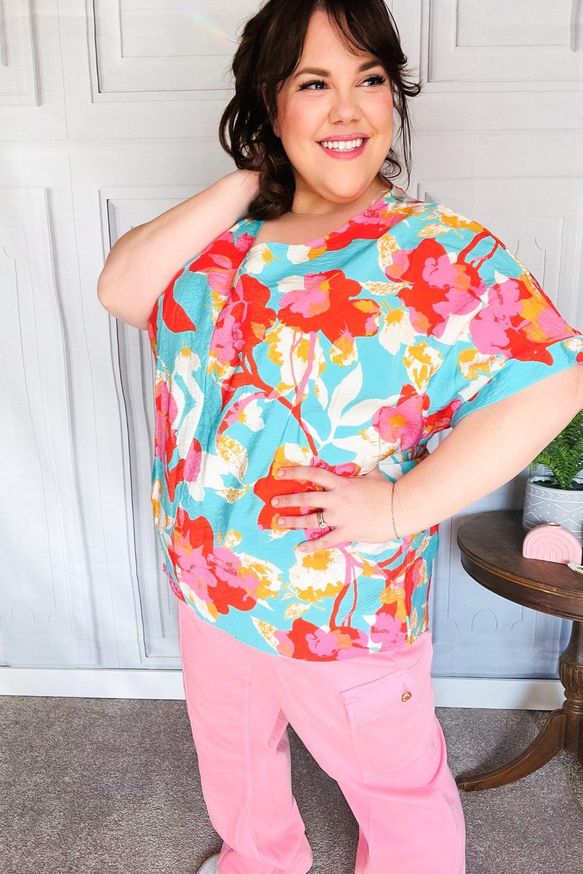 Weekend Ready Aqua & Coral Floral V Neck Woven Top-Evelyns Fashion