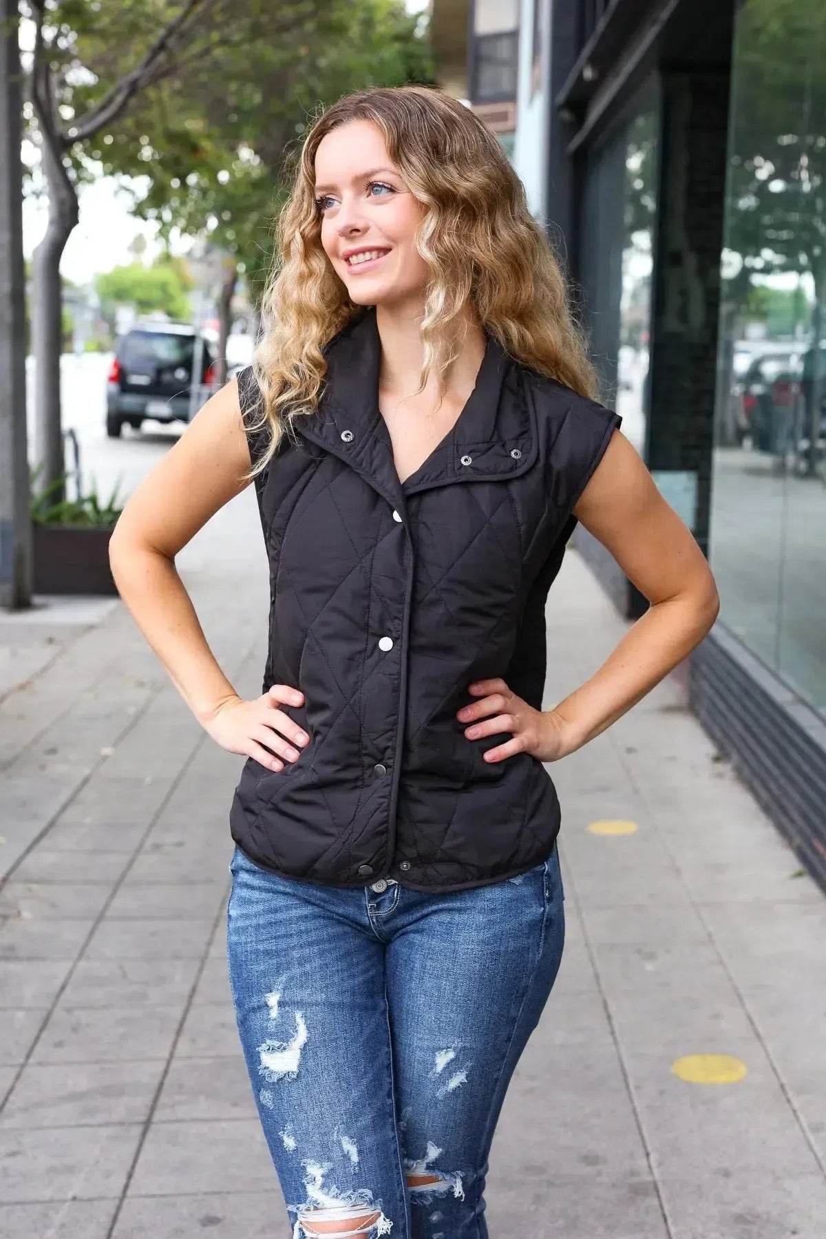 Weekend Ready Black Snap Button Quilted Puffer Vest-Evelyns Fashion