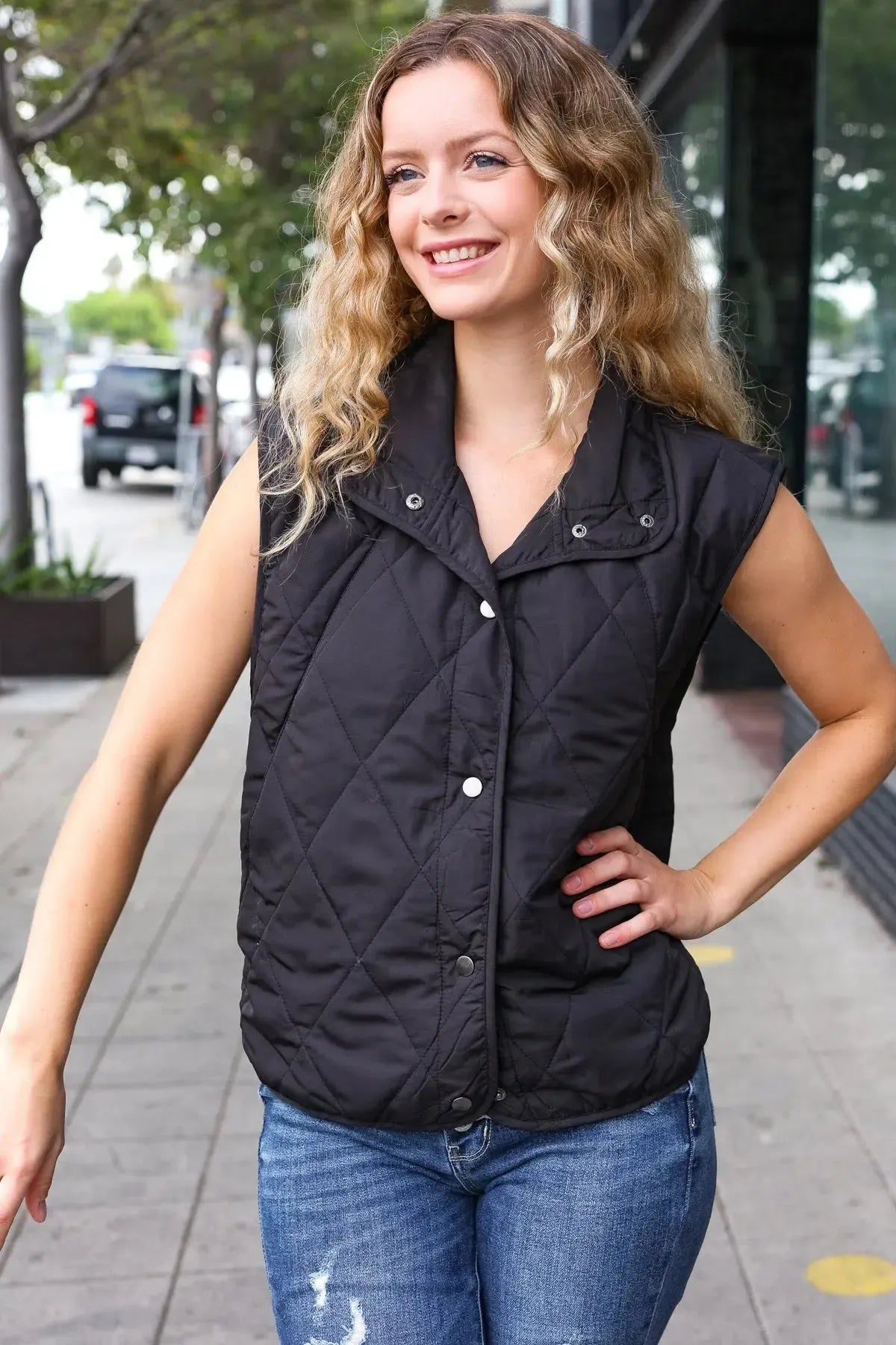 Weekend Ready Black Snap Button Quilted Puffer Vest-Evelyns Fashion
