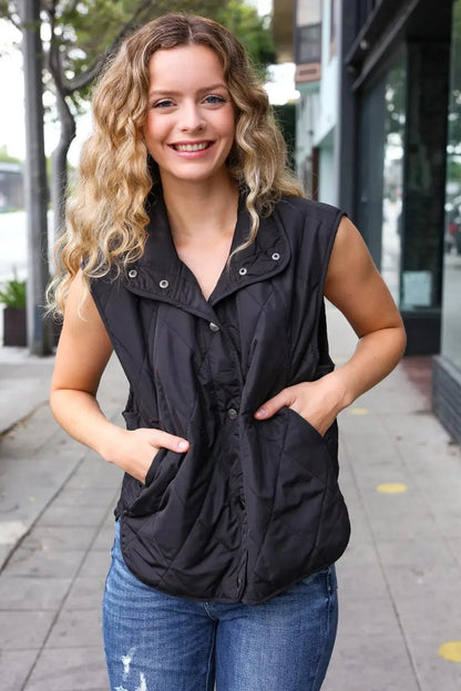 Weekend Ready Black Snap Button Quilted Puffer Vest-Evelyns Fashion
