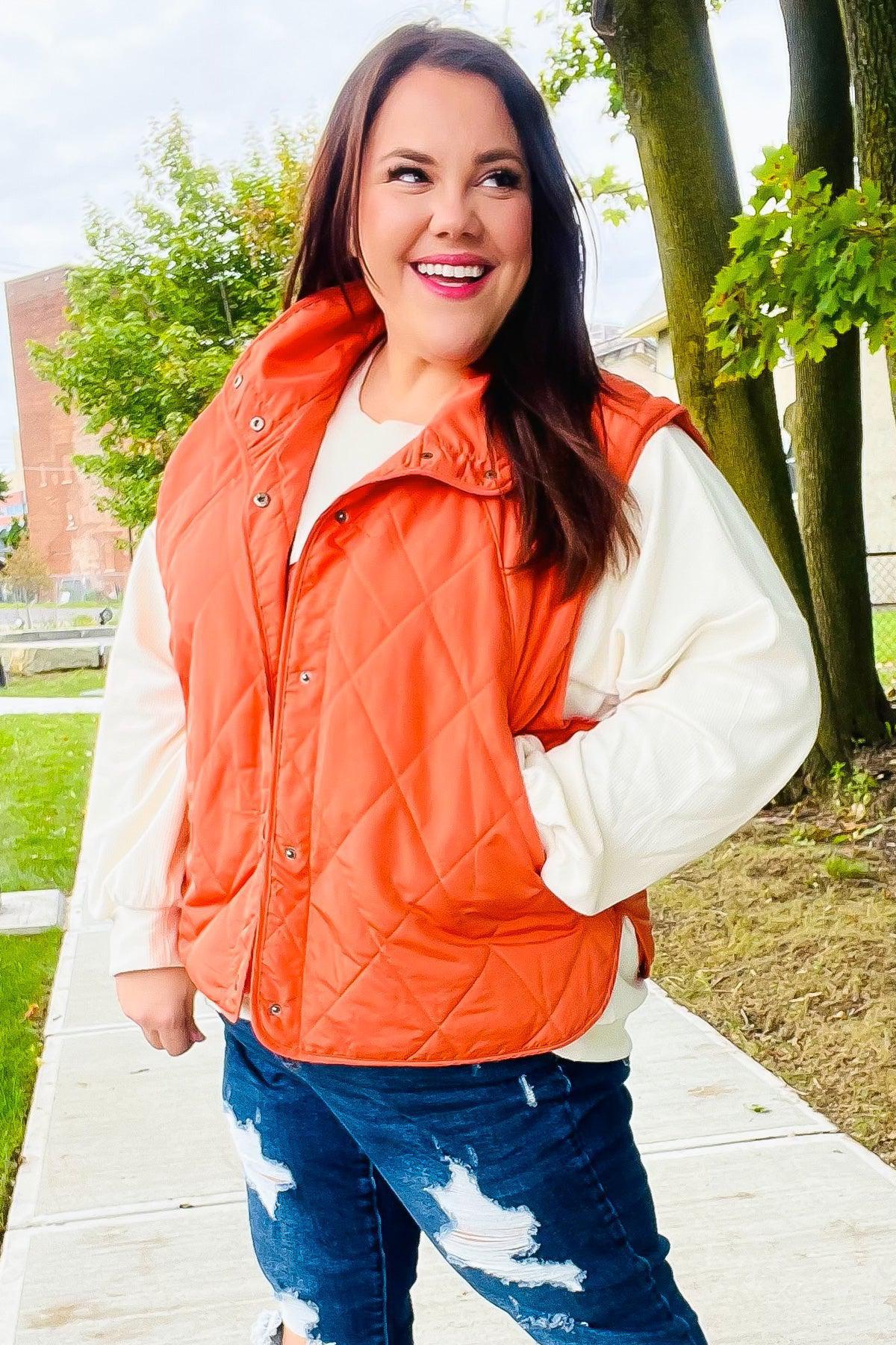 Weekend Ready Rust High Neck Snap Button Quilted Puffer Vest-Evelyns Fashion