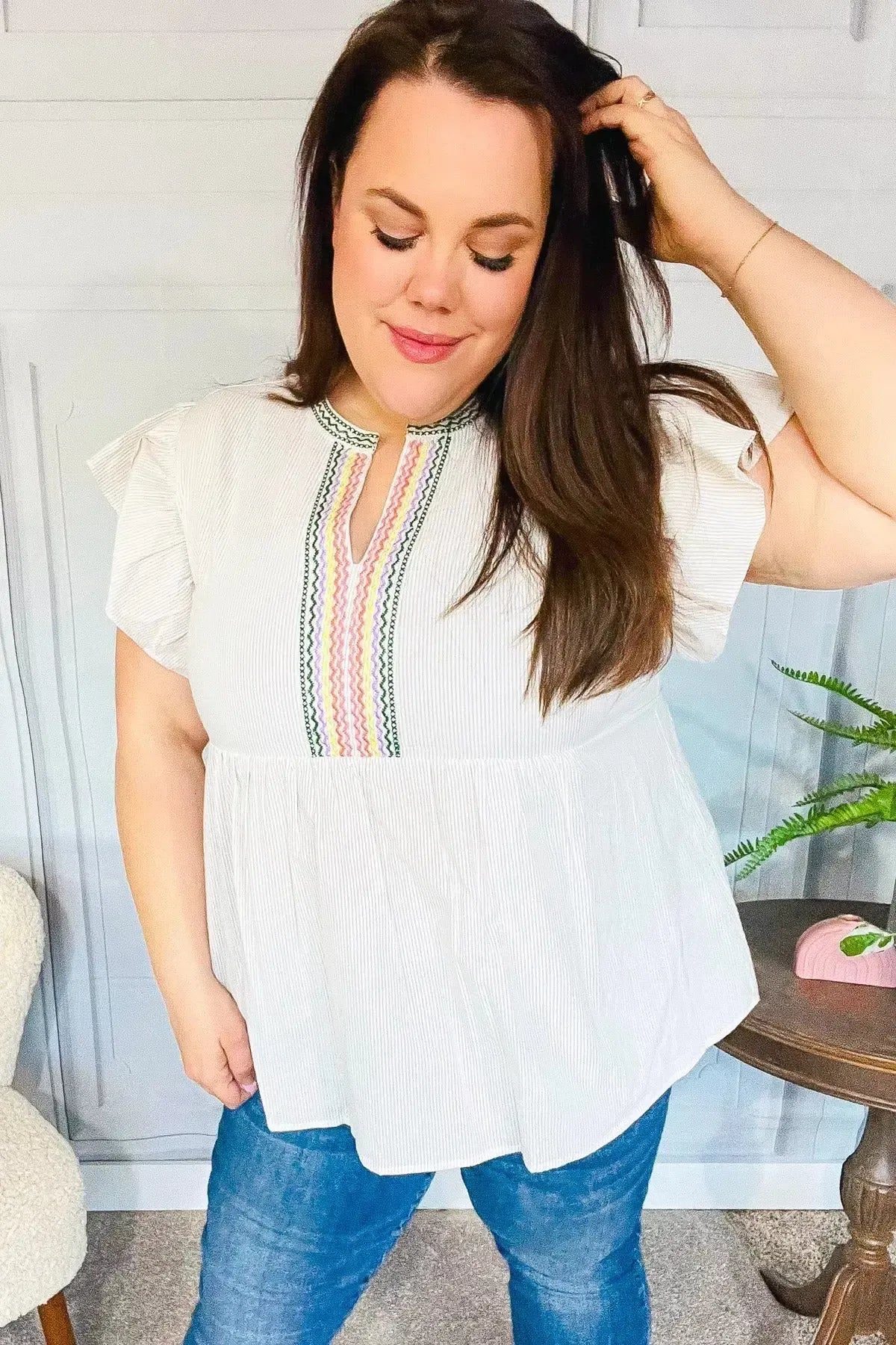Weekend Ready Taupe Embroidered Notched Neck Babydoll Top-Evelyns Fashion