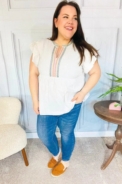 Weekend Ready Taupe Embroidered Notched Neck Babydoll Top-Evelyns Fashion