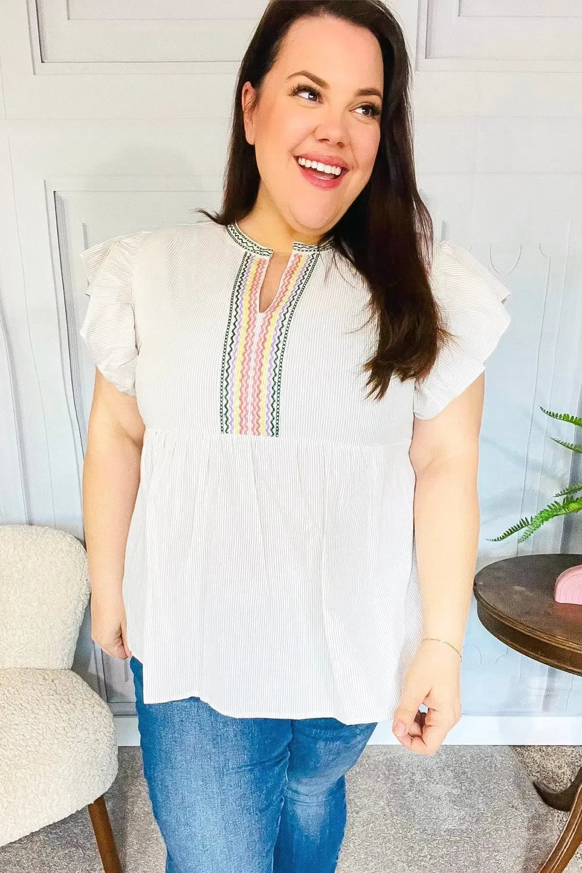 Weekend Ready Taupe Embroidered Notched Neck Babydoll Top-Evelyns Fashion